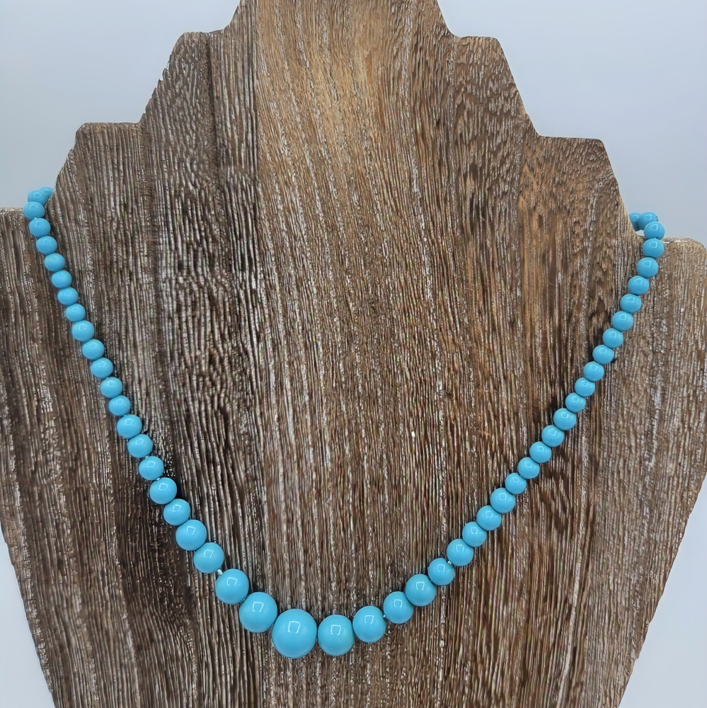 Vintage Turquoise Blue Bead Necklace Rhinestone Box Clasp 1960s Graduated